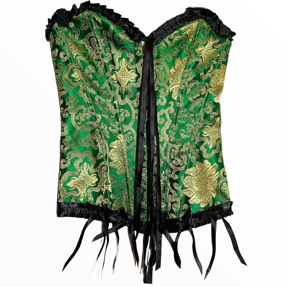 Vintage Corset 80s Floral Embroidered Lace Up Back Frill Trim Overbust Green S
